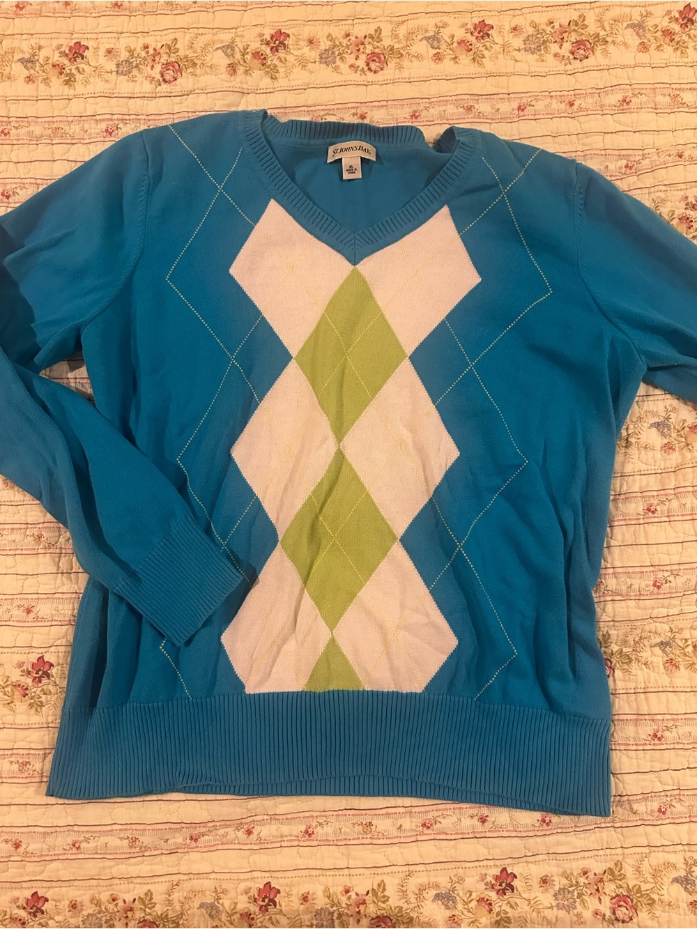 St Johns Bay Vintage Style Argyle Sweater Blue Green Preppy V Neck Knit L XL